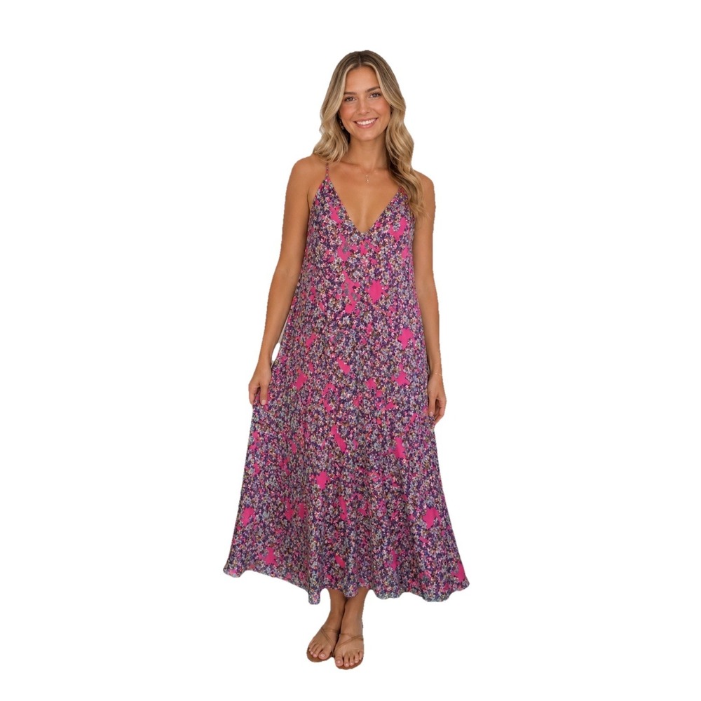 Pink Multicolor Floral Maxi Dress V-Neck Strappy Sleeve S Made in USA